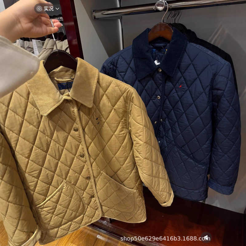 Rl Ralph Lauren Style Embroidered Quilted Cotton Jacket for Women with Corduroy Collar and Waist-Cinching Design