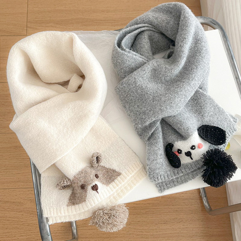 Korean Style Cute Lazy Little Animal Embroidered Knitted Wool Scarf for Women Winter Versatile Warm Soft Waxy Wool Scarf