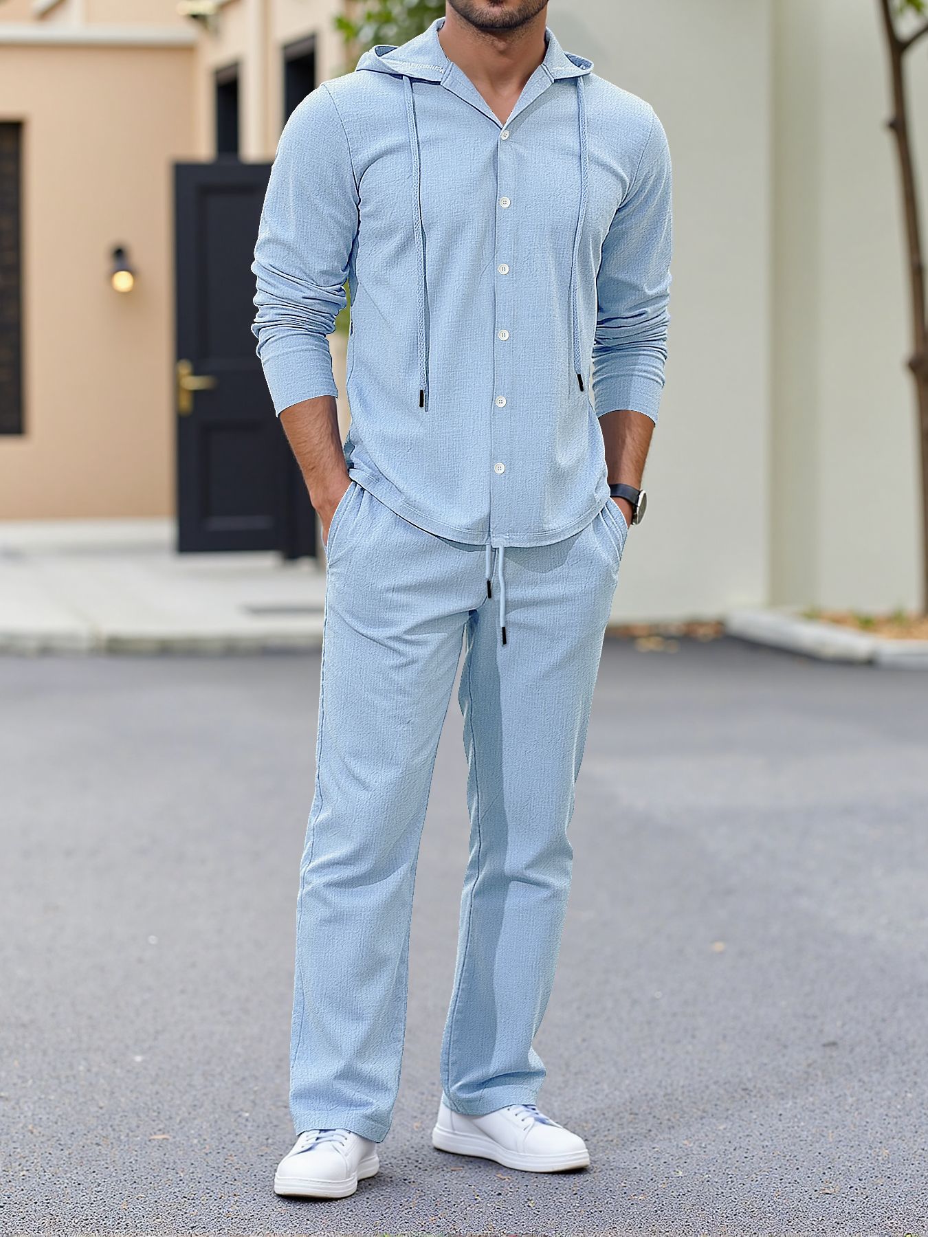 Men's Linen Hooded Shirt & Pants Set - Relaxed Fit Casual Outfit For Spring & Autumn (Beige/Gray, S-XXL) | Breathable Natural Fiber Lounge Wear_voghion.com