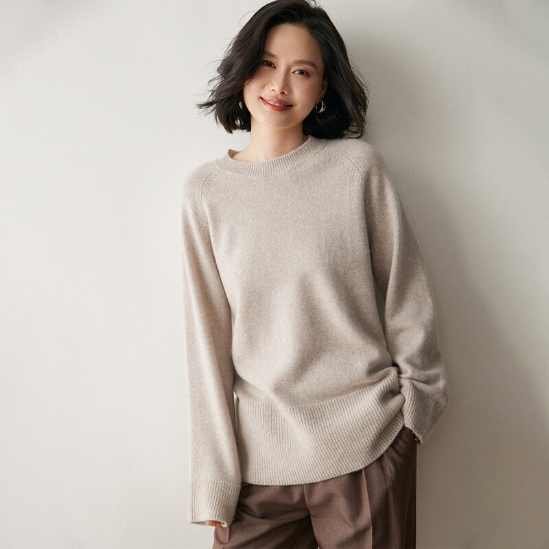 女式中长款羊绒衫秋冬新款插肩袖宽松圆领大码针织打底毛衣长袖|undefined