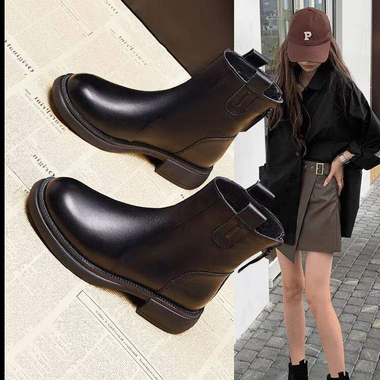 Soft Leather Slim Boots for Women, 2026 New Style, Flat Sole with Back Zipper, Spring and Autumn Single Boots, Autumn and Winter Fleece-Lined Martin Boots, Cotton Shoes Soft Leather Slim Boots for Women, 2026 New Style, Flat Sole with Back Zipper, Spring and Autumn Single Boots, Autumn and Winter Fleece-Lined Martin Boots, Cotton Shoes