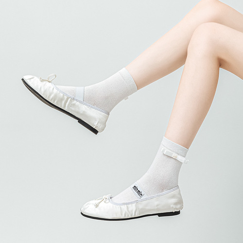 French style small fragrant pearl one-word bow socks for women summer thin ballet style girl white jk pile socks
