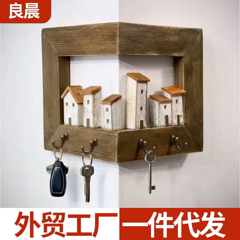 Home Wall Corner Wooden Keychain Hanger Wall-Mounted Solid Wood Storage Rack Entrance Bedroom Simple Hook