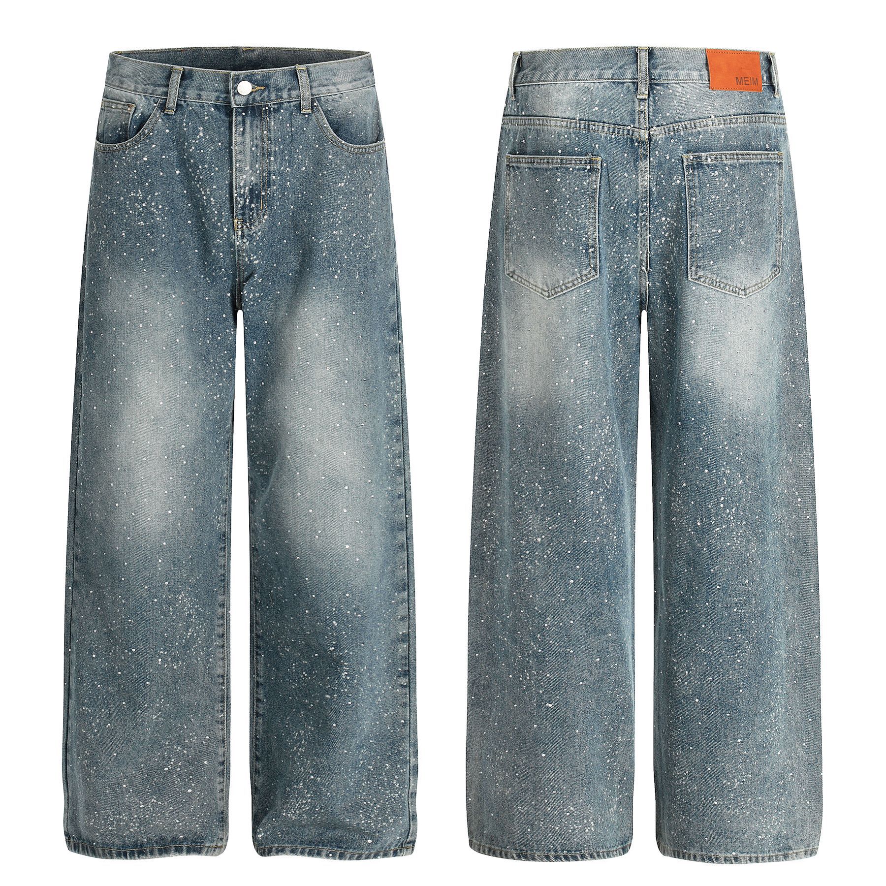 Unisex High Street Vintage Washed Blue Distressed Denim Jeans Rhinestone Embellishments Relaxed Fit Button Fly Non-Stretch Cotton_voghion.com