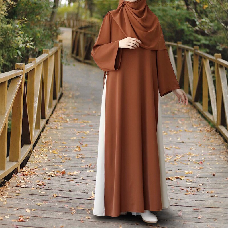 Ethnic Style Color-Blocked Long-Sleeved Dress with Side Waistline, Loose-Fitting, Retro, Hui Ethnic Style, Elegant, Casual, Cross-Border Casual Women's Style