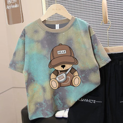 ボーイズタイダイ半袖Tシャツ2025夏新スタイル子供用半袖トップス夏中大型子供用ゆったりトレンドTシャツ