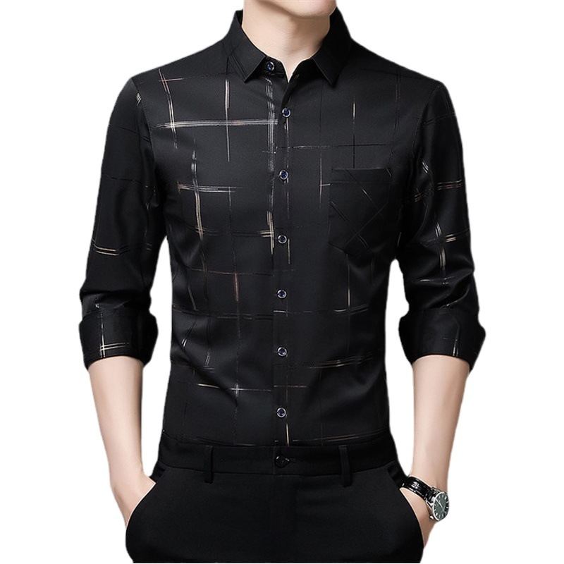 Fábrica de cabello liso de primavera y otoño camisa de manga larga de los hombres de mediana edad de negocios casual suelta camisa a cuadros de los hombres delgados