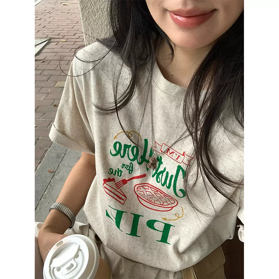 黄峥 美式字母印花短袖T恤女2025春夏韩版宽松休闲上衣H1DA510112