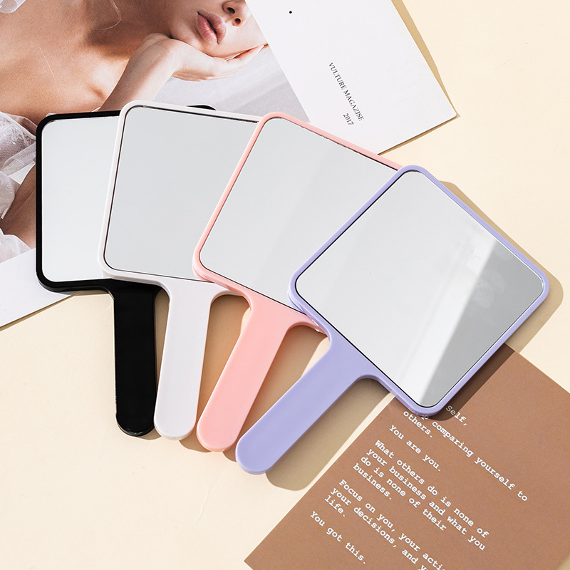 实色方形便携高清手持镜子手柄式手拿小镜子女学生宿舍补妆化妆镜