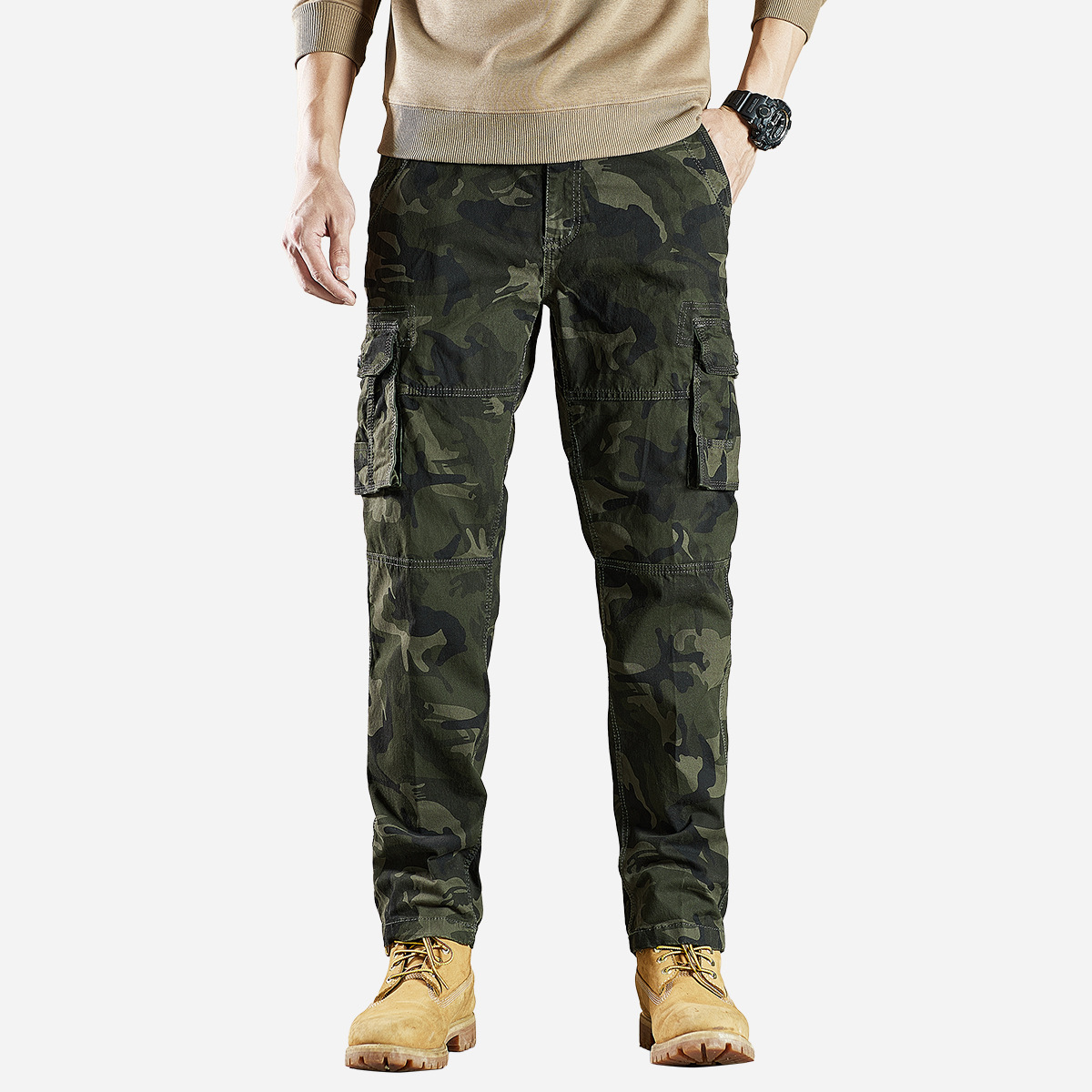 American-style heavy army green loose straight casual pants multi-pocket overalls men's trousers outdoor camouflage plus size trend