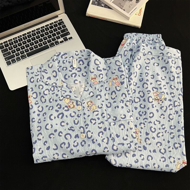 Plus Size Pajamas for Women, Spring & Fall Long-Sleeved Pants, Cute Style West Highland Girl Blue Leopard Print Home Clothes Two-Piece Suit