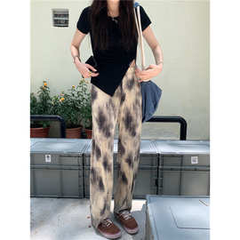 大码女装扎染休闲裤子女百褶风格新款直筒裤高腰通勤垂感阔腿裤潮