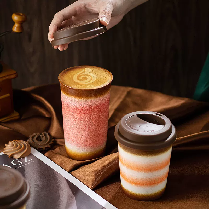 跨境陶瓷窑变咖啡杯高颜值便携胶囊可乐杯大容量渐变水杯带硅胶盖