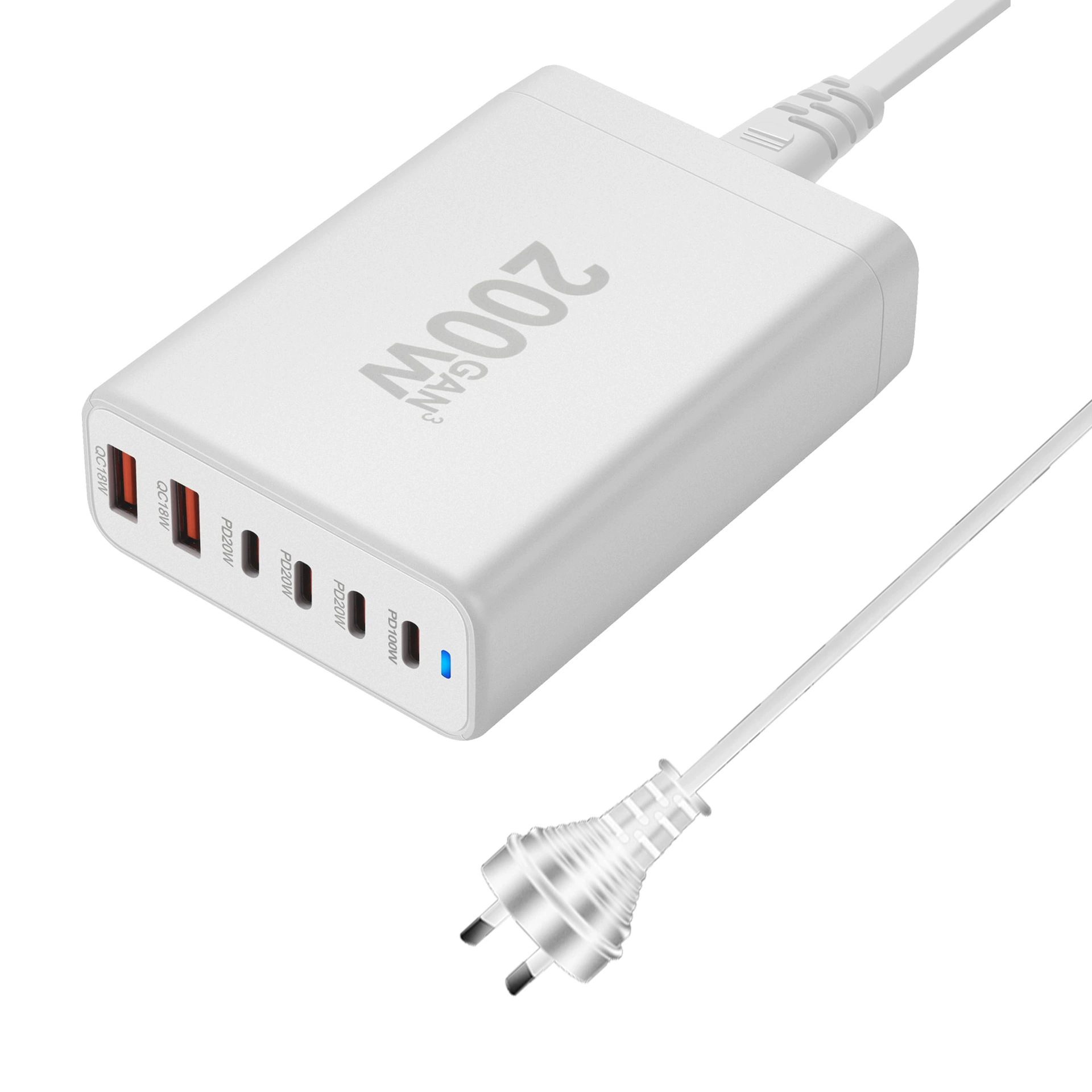 Зарядное устройство GaN на 200W, многоразъемное PD/QC USB-C & USB-A, сменные-plug варианты (US/EU/UK/AU)