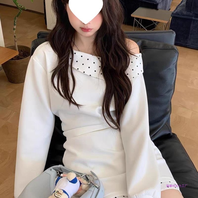 一字肩斜肩波点卫衣长袖T恤上衣女早秋季新款高腰显瘦半身裙套装|undefined