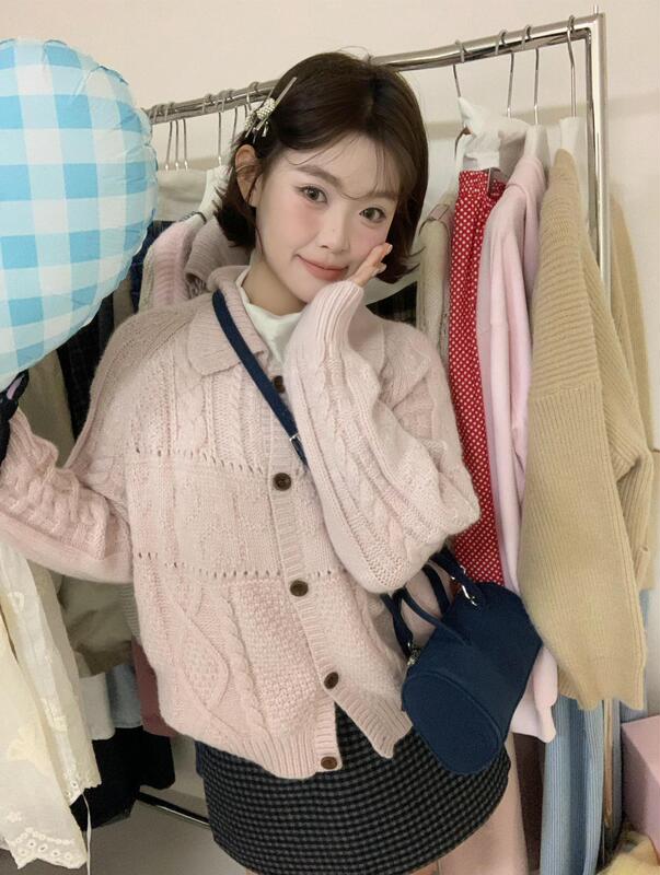 韩系甜美温柔粉色针织开衫毛衣女2025秋季翻领慵懒风外搭上衣外套|undefined