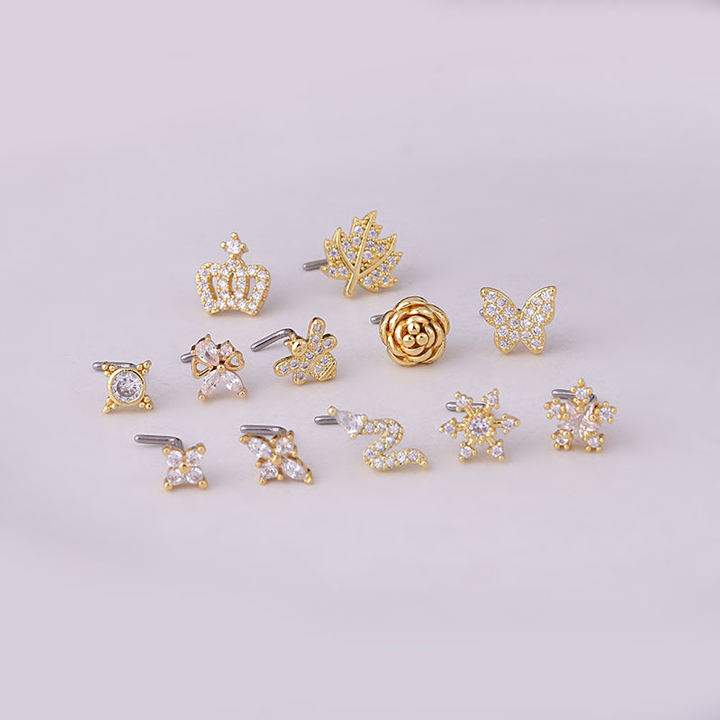 Titanium Steel Screw Rod Nose Stud Micro Inlaid Zircon Butterfly Crown Fashion Nose Studs