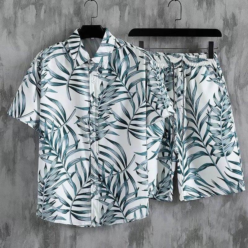 Men's Hawaiian Print Shirt And Shorts Set, Lightweight Breathable Linen Blend Beach Vacation Outfit, Casual Short Sleeve Button Down Shirt_viptrois.com