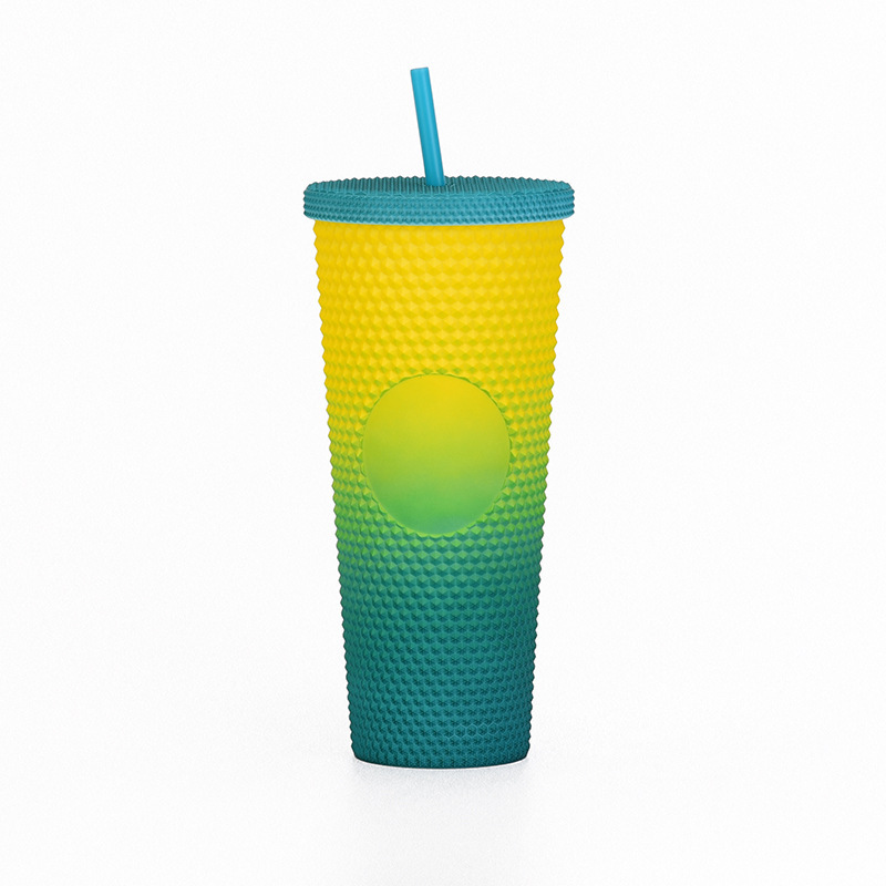 二層プラスチックストローカップ大容量クリエイティブ 710 ミリリットルドリアンカップハンドカップ発光変色レインボーグラデーションカップ|undefined