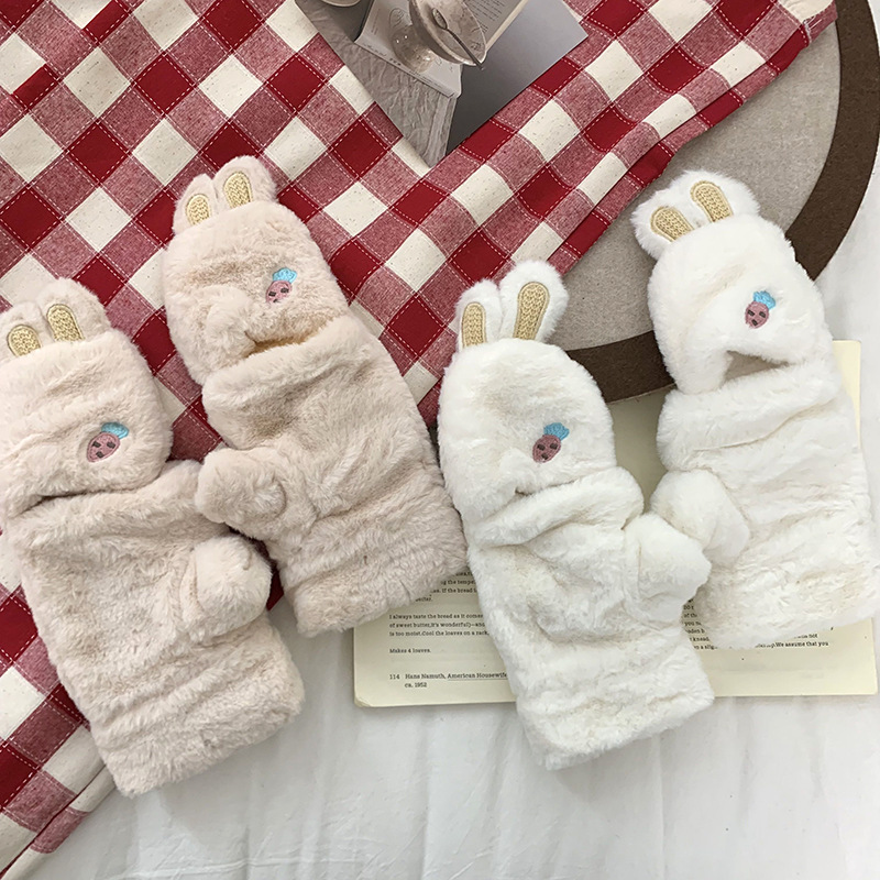 Guantes de peluche para mujeres otoño y invierno nuevo engrosado peludo flap cartón espinado guantes de dedo de caballo de caballo de caballo de orejas de conejo