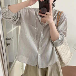 连帽条纹防晒衬衫女2024夏季新款长袖韩版休闲宽松显瘦上衣开衫