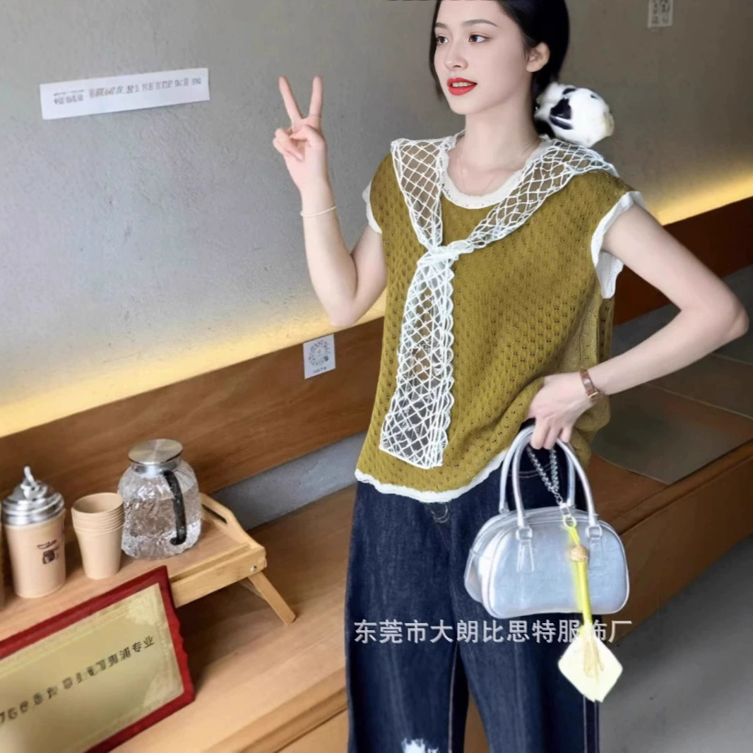 Lace yellow cloak, summer knitted design sweater, with short sleeve, trend of season