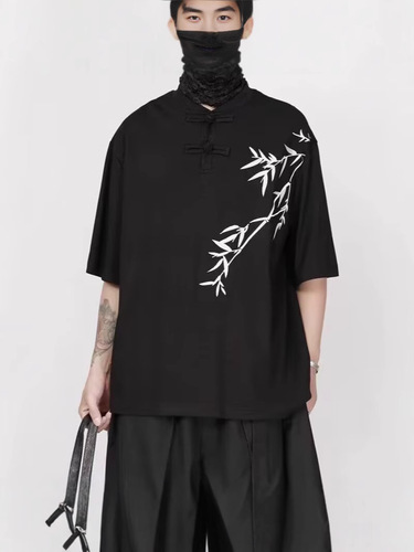 Summer new Chinese style buckle short-sleeve T-shirt, male minority bamboo embroidery design, retro national style half-sleeve top