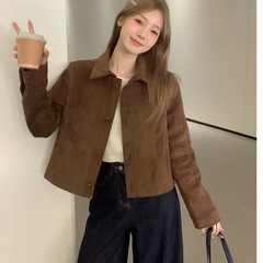 复古咖色翻领麂皮绒短外套女秋季感机车风气质超好看夹克短外套