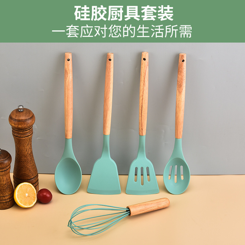 mango de madera personalizado set de cocina de silicona set de doce piezas antiadherente almacenar barril de silicona para uso diario