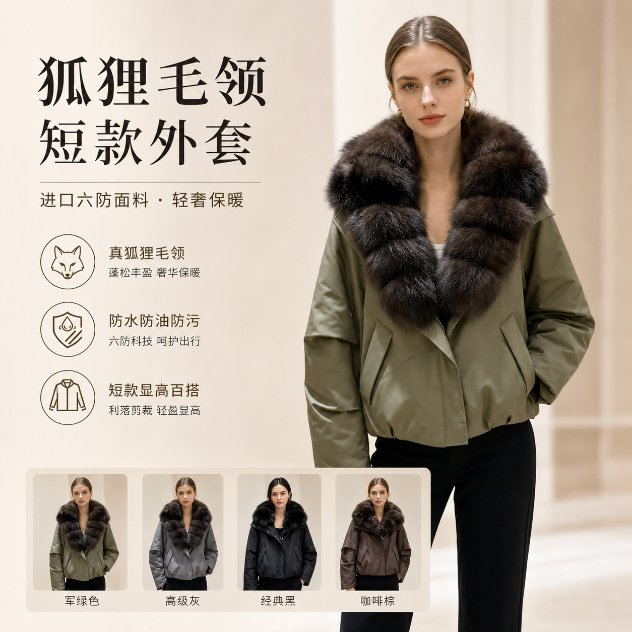 新款派克服短款羽绒服可拆卸狐狸毛领女短款时尚加厚保暖外套