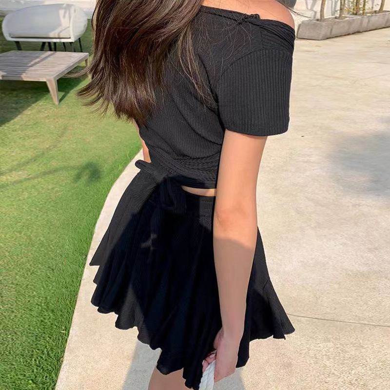 Traje de baño de las mujeres de la División de las mujeres de color sólido de la moda Conservador vientre adelgazar falda francesa nicho avanzado traje de baño de aguas termales