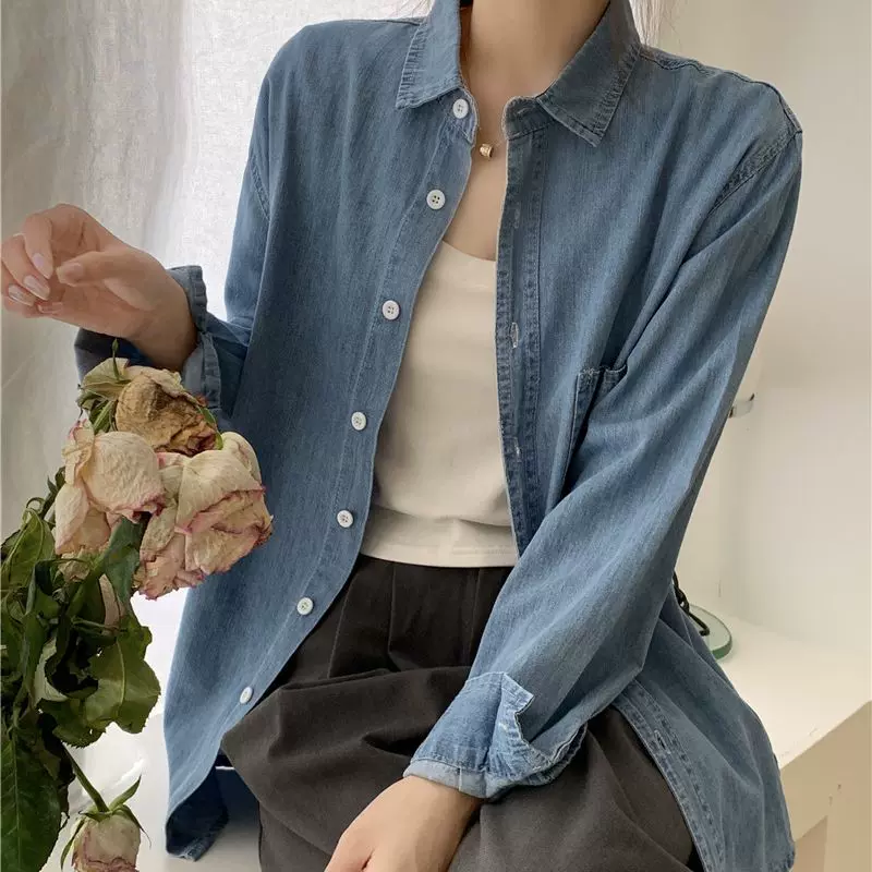 牛仔衬衫女款叠穿春秋新款韩版长袖设计感时尚打底衫上衣厂家直销