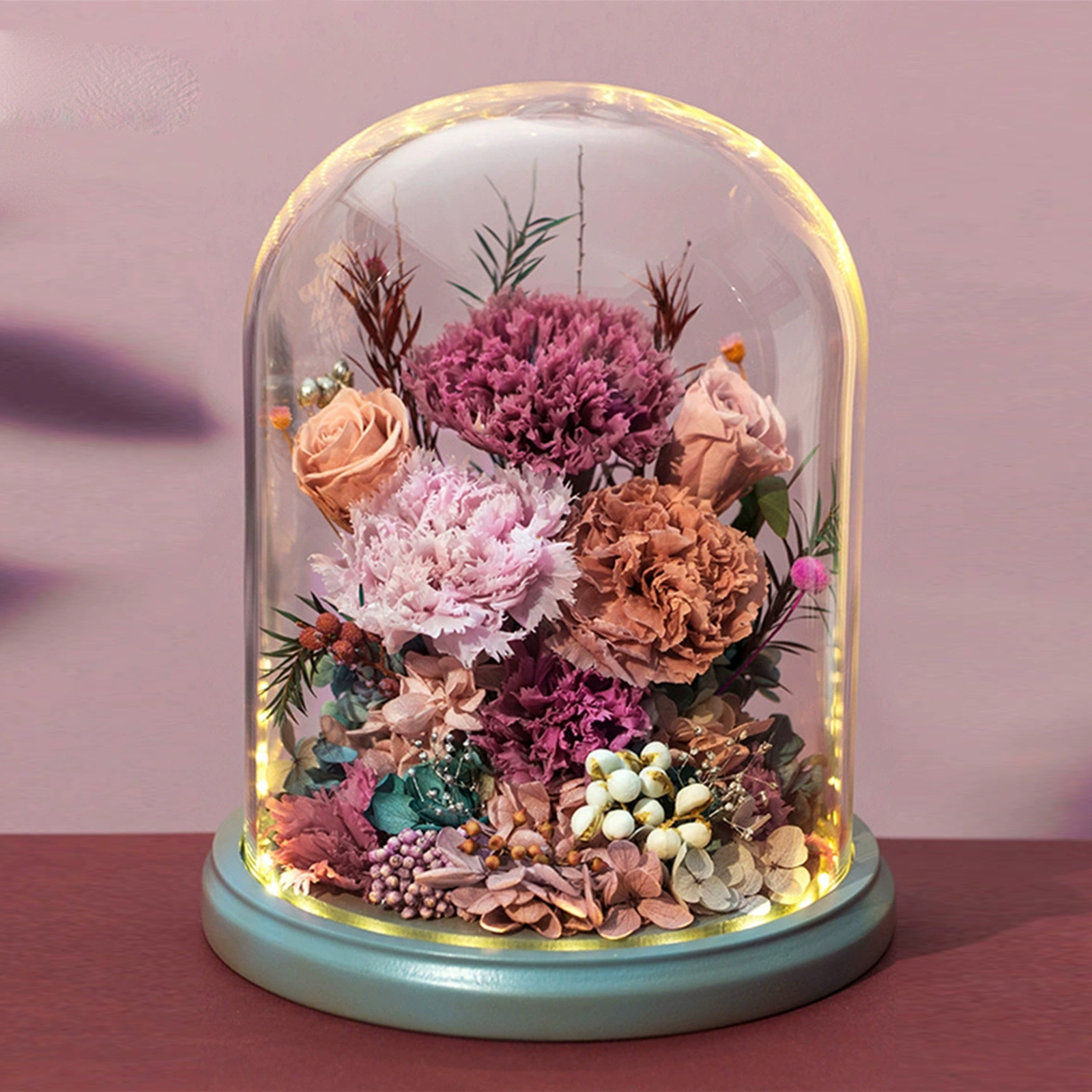 Venta al por mayor de fábrica de adornos terminados con cubierta de vidrio de claveles de flores eternas, regalo del Día de la Madre para mamá y ancianos, regalo de alta gama.