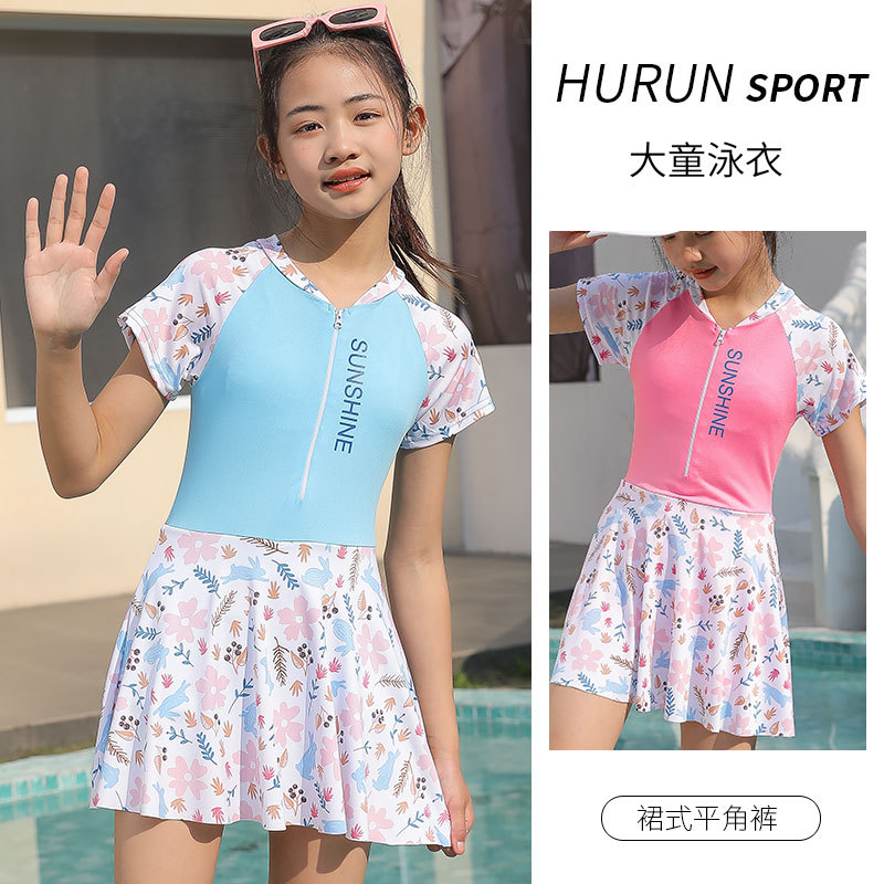 Nuevo traje de baño para niños pantalones cortos de una sola pieza para niñas manga corta cremallera de protección solar traje de baño para niñas medianas y grandes para niñas adolescentes