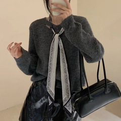 韩版丝巾设计感针织毛衣女外套2025秋冬新款优雅风纯色开衫女外套