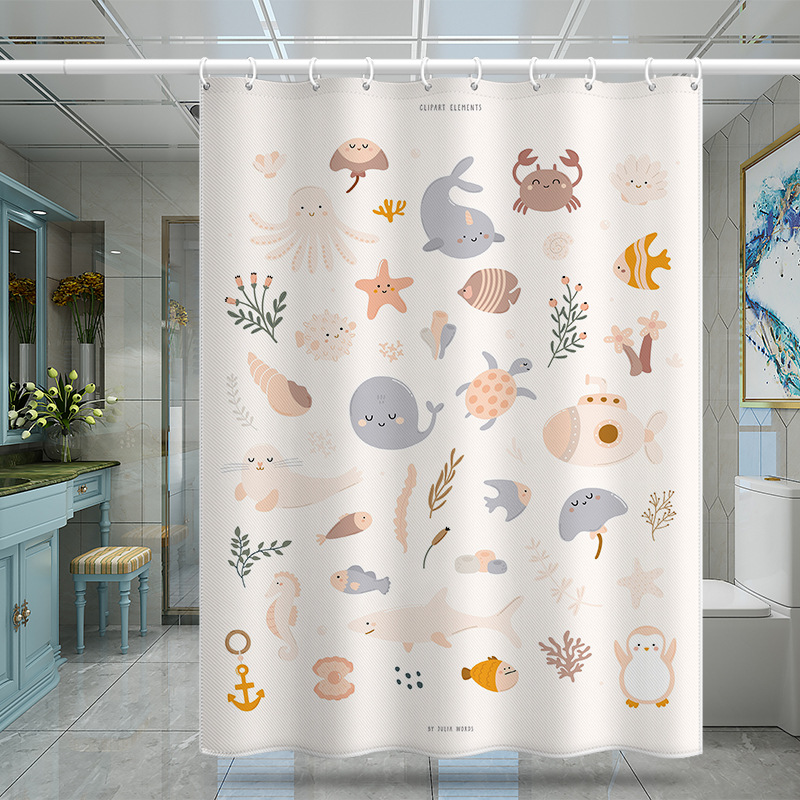 Shower Cross-border Wholesale Polyester 3D Digital Print Waterproof Shower Animal Hand-drawn Pattern Bathroom Partition_voghion.com