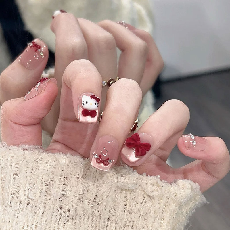 Purely Handmade Wearable Nails, Short Style, Red Bow, Cute Kitty Nail Stickers, Whitening and High-End Nail Stickers Purely Handmade Wearable Nails, Short Style, Red Bow, Cute Kitty Nail Stickers, Whitening and High-End Nail Stickers