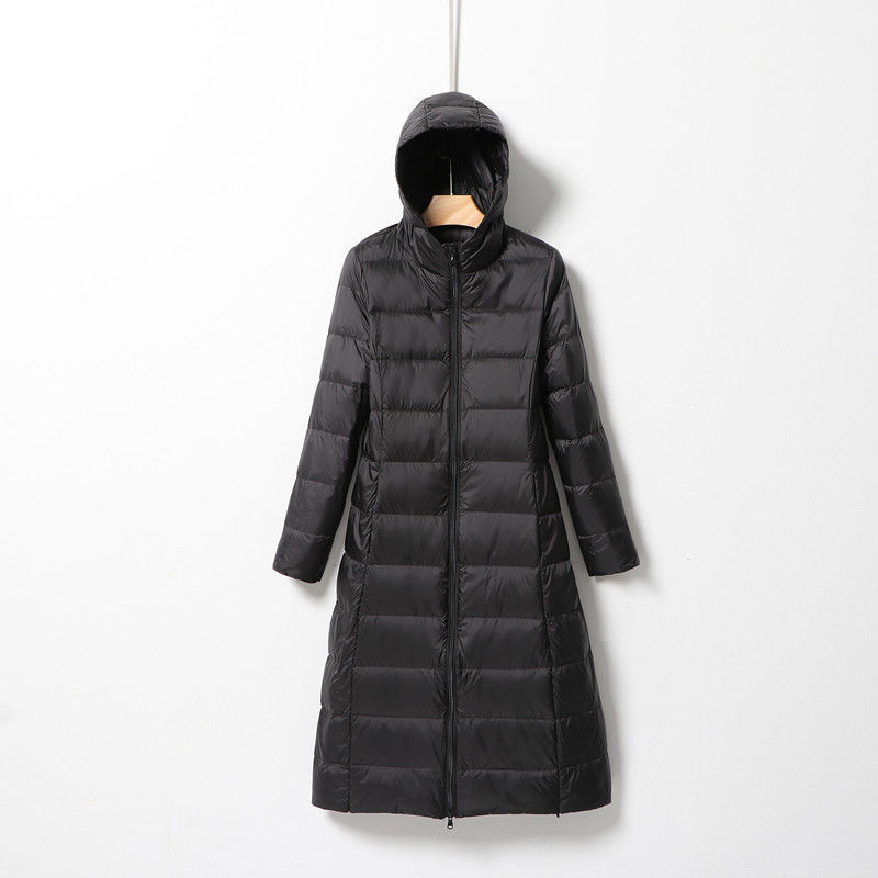 Transfronterizo otoño y invierno nuevo chaqueta de pluma ligera para mujeres largas rodillas alargadas con capuzas delgada chaqueta coreana