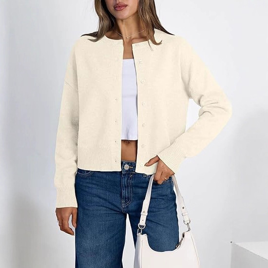2025 Autumn/Winter Cross-Border Amazon Tk Round Neck Ribbed Long Sleeve Button Women's Cardigan Sweater Soft and Loose