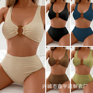 Europe and the United States cross-border solid color sexy two-piece bikini swimsuit women's ring high waist pants seaside holiday swimwear foreign trade