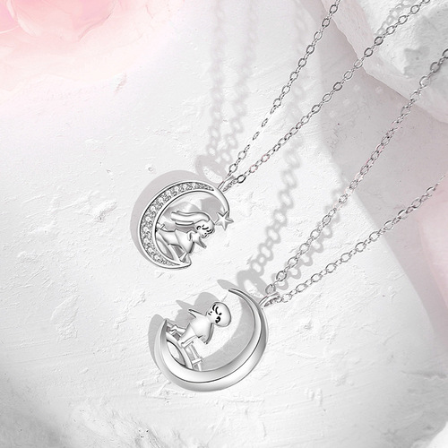 Original Magpie Bridge couple necklace sterling silver pair of men and women niche star and moon cartoon doll clavicle chain Valentine's Day gift