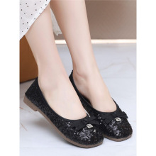 秋季平底方头女单鞋仙女风蝴蝶结亮片百搭浅口豆豆鞋一脚蹬芭蕾鞋