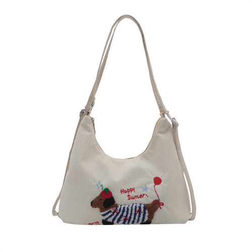 Large Capacity Embroidered Sausage Dog Foldable Backpack 2024 New Trend Striped Canvas Single Shoulder Crossbody Tote Bag