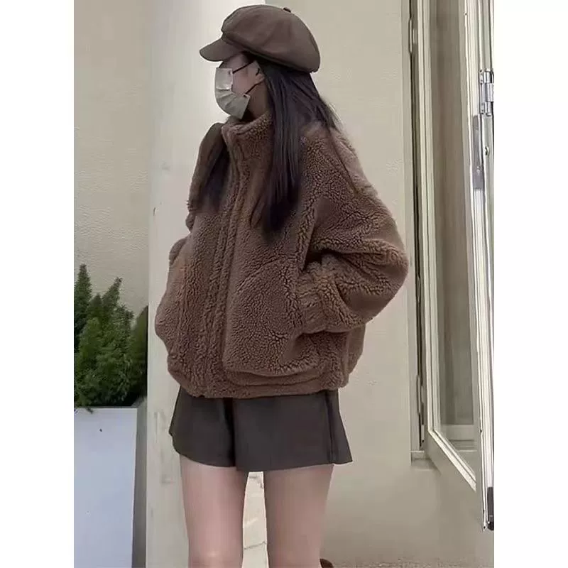 Женское пальто из искусственной овечьей шерсти, короткое, в корейском стиле, с длинными рукавами, воротником-стойкой, осень-зима 2025, для миниатюрных женщин