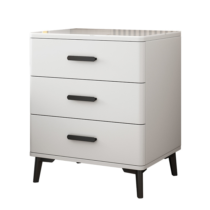 Mesita de noche con tres cajones de madera maciza, tablero de roca, estilo moderno y sencillo, gabinete elevado de tres niveles, gabinete de almacenamiento para dormitorio principal, acabado lacado.
