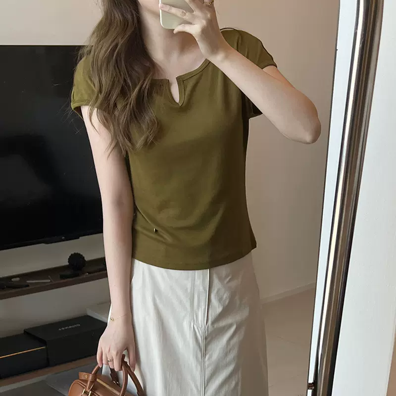 V领开口T！春夏天丝羊毛圆领蝙蝠袖小T透气显瘦针织短袖上衣女