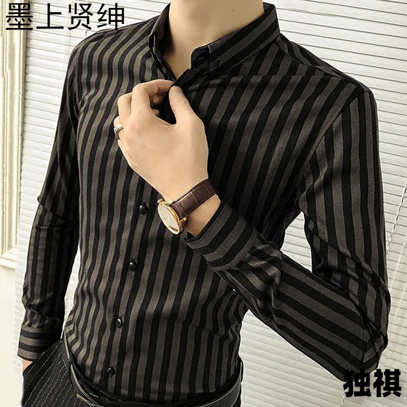 Camisas de manga larga para hombres Ropa de moda coreana para hombres guapos Tops de otoño para hombres de marca de moda Camisa larga a rayas casual