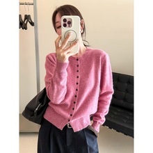 复古杂线圆领细浣熊绒针织开衫女欧洲站2025秋装新款欧货女装毛衣