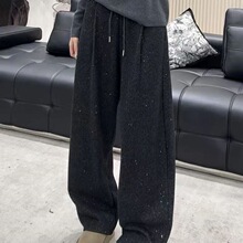 2025亮丝细闪阔腿裤银河撒银工艺冬季加绒加厚高腰抽绳显瘦弯刀裤