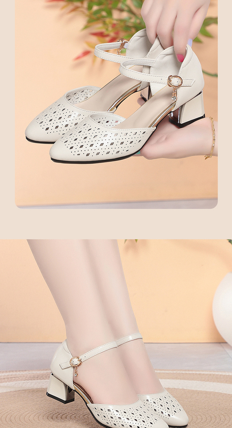 Sandal cao gót nữ mũi hở da thật phong cách cổ điển — màu đen chi tiết 10